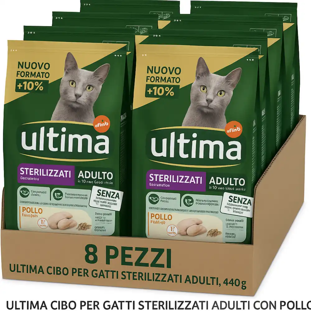 8x Ultima Cibo per Gatti Adulti Sterilizzati al Pollo 440g – Crocchette Complete