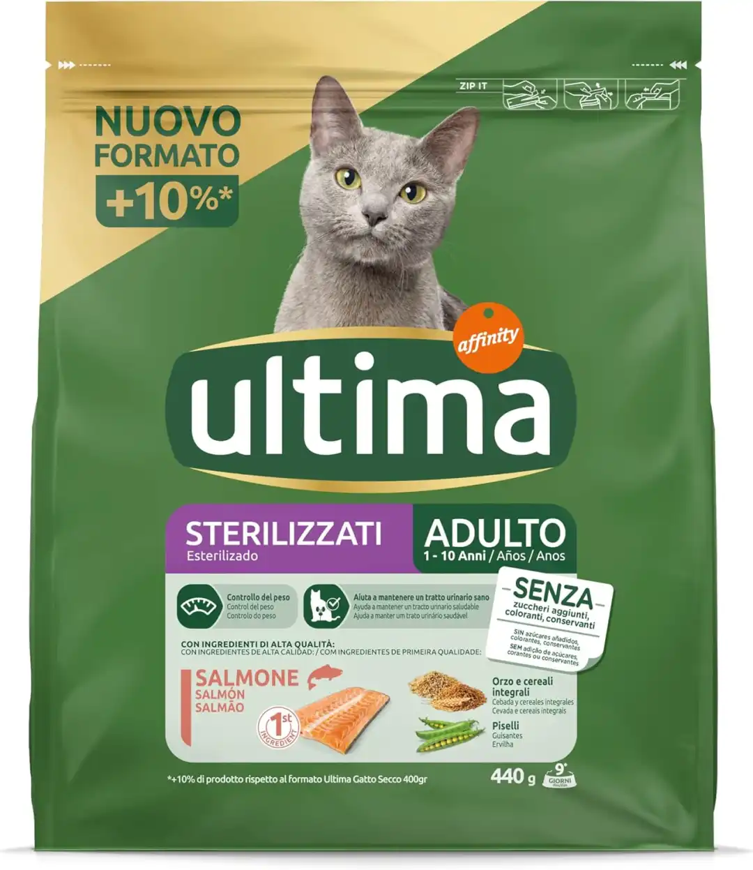 8x Ultima Cibo per Gatti Adulti Sterilizzati al Salmone 440g – Secco Completo