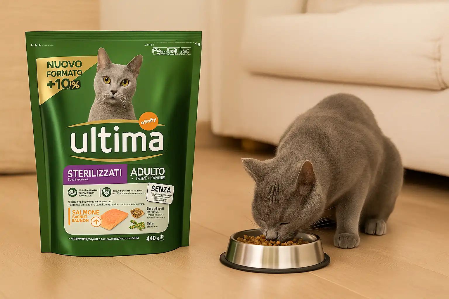 8x Ultima Cibo per Gatti Adulti Sterilizzati al Salmone 440g – Secco Completo