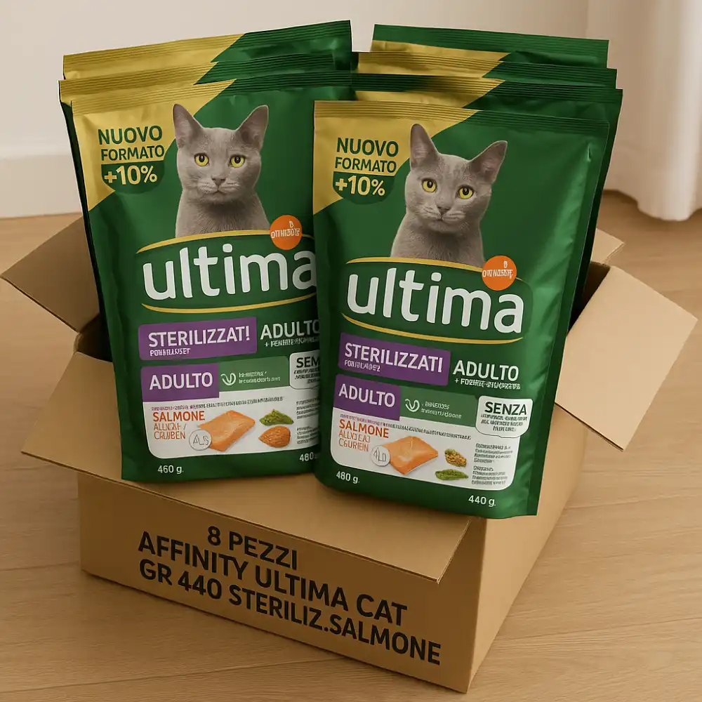8x Ultima Cibo per Gatti Adulti Sterilizzati al Salmone 440g – Secco Completo