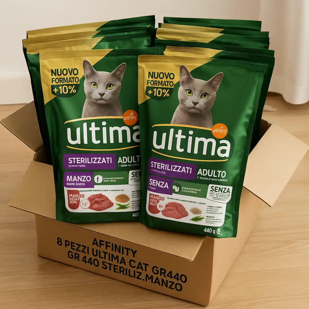 8x Ultima Cibo per Gatti Adulti Sterilizzati al Manzo 440g – Secco Completo
