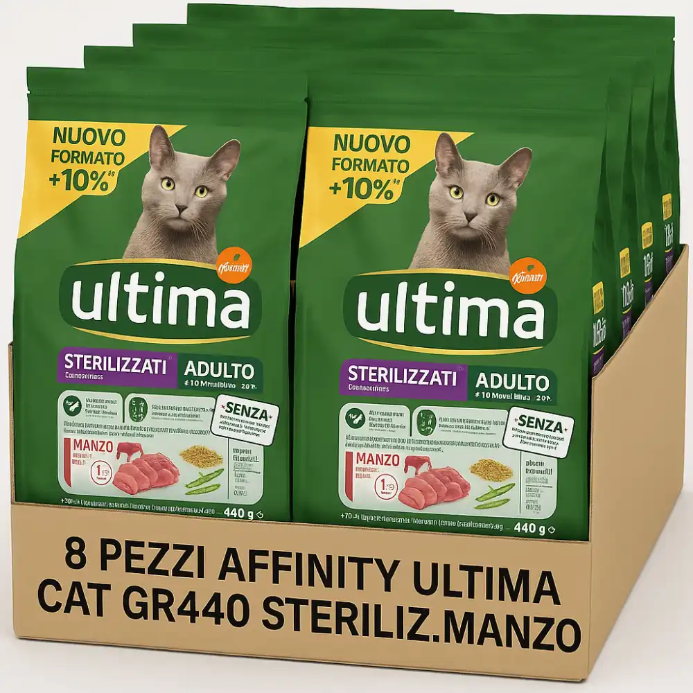 8x Ultima Cibo per Gatti Adulti Sterilizzati al Manzo 440g – Secco Completo