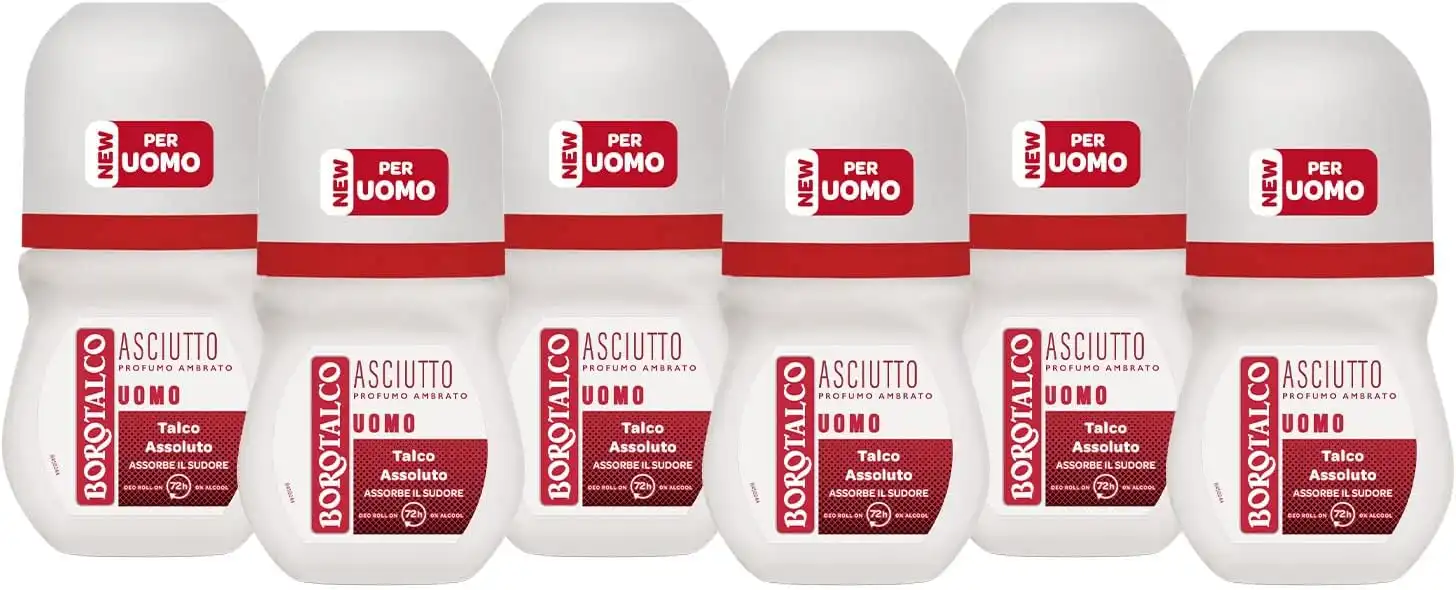 6 x Borotalco Uomo Roll On Asciutto Ambrato 50ml Talco Assoluto 72h Senza Alcool