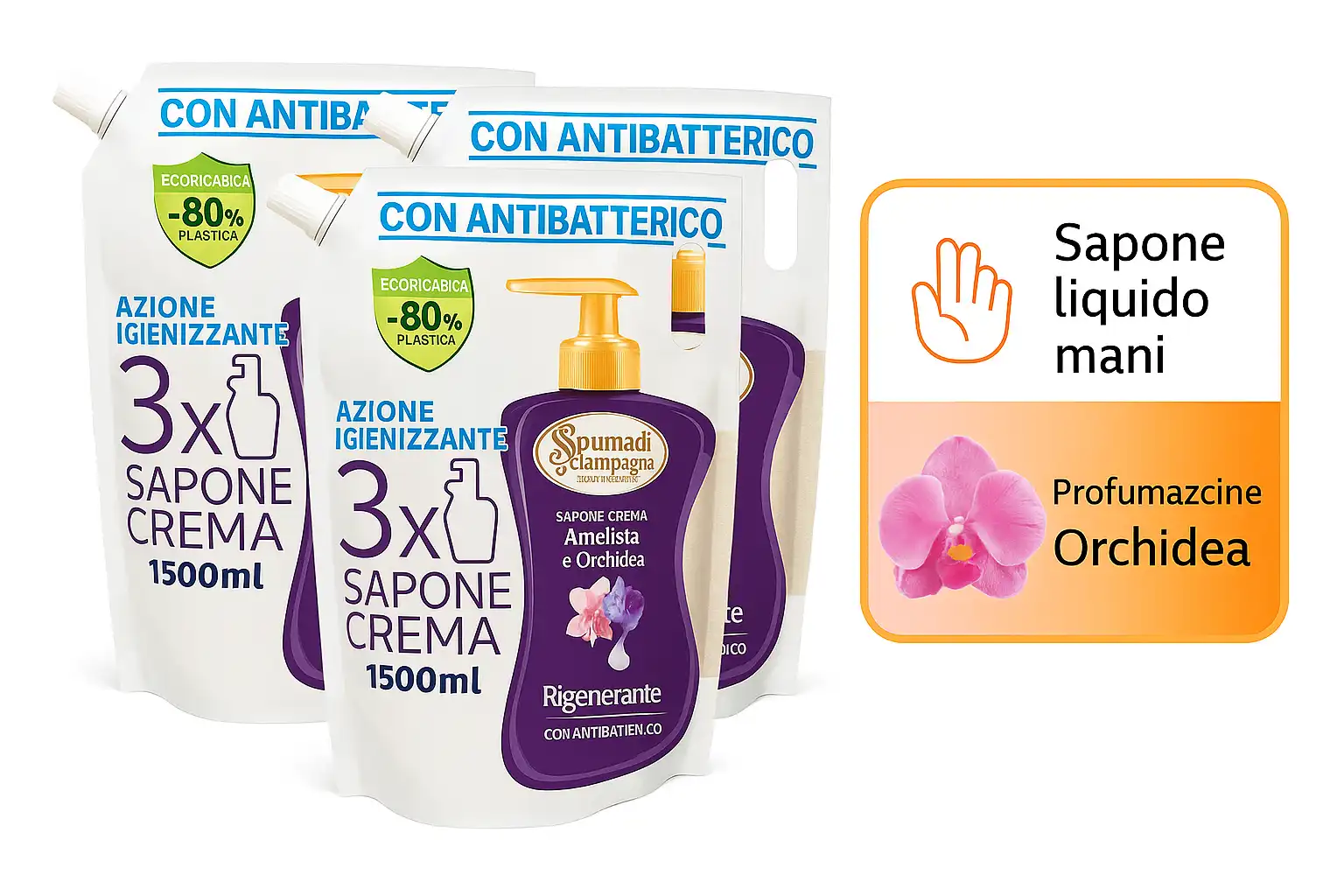 3x Spuma di Sciampagna Sapone Liquido Mani Orchidea Ricarica 1,5L x3 Totale 4,5L