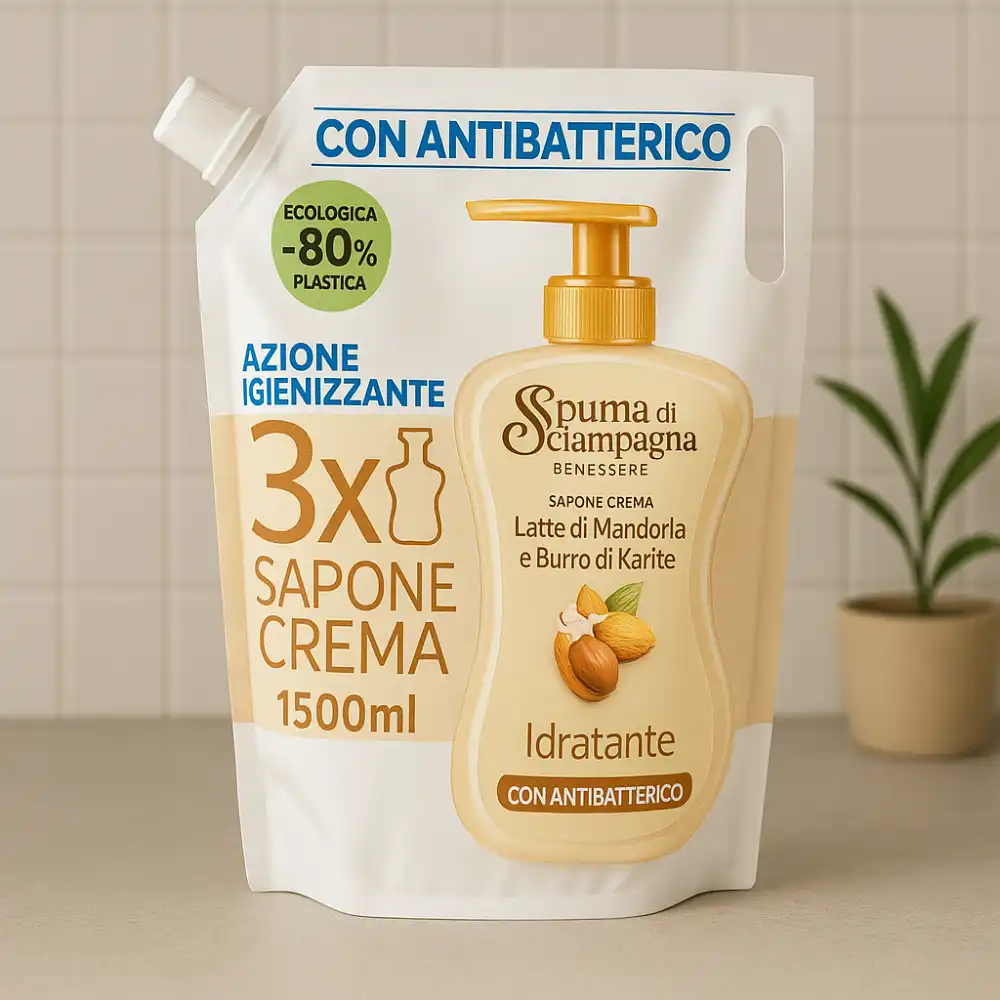 3x Spuma di Sciampagna Sapone Liquido Mani 1,5L – Latte di Mandorla & Karité
