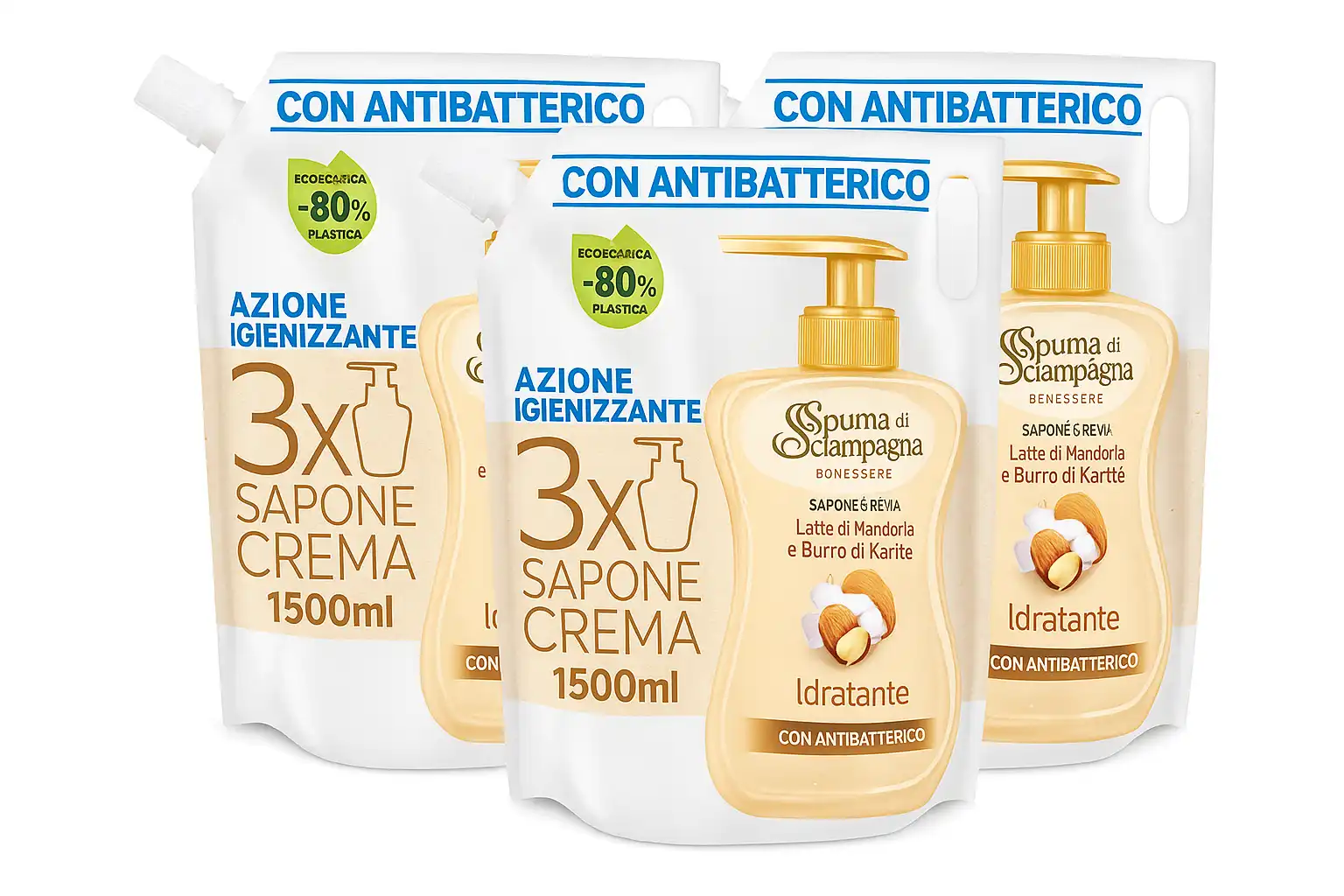 3x Spuma di Sciampagna Sapone Liquido Mani 1,5L – Latte di Mandorla & Karité