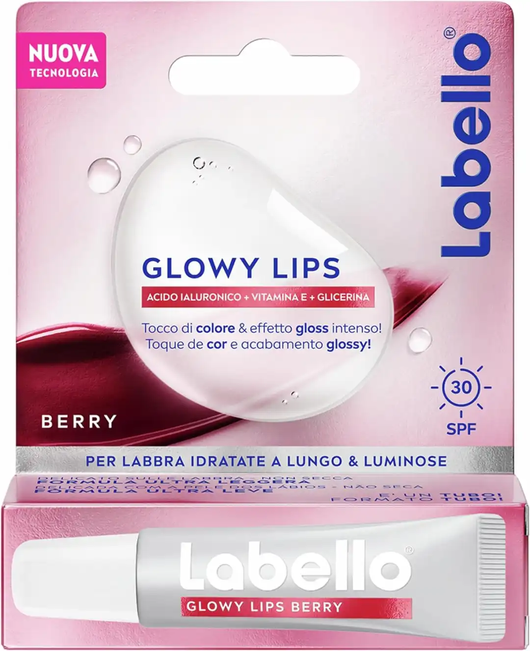 Labello Glowy Lips Berry 10ml Balsamo Labbra Colorato SPF30 con Acido Ialuronico