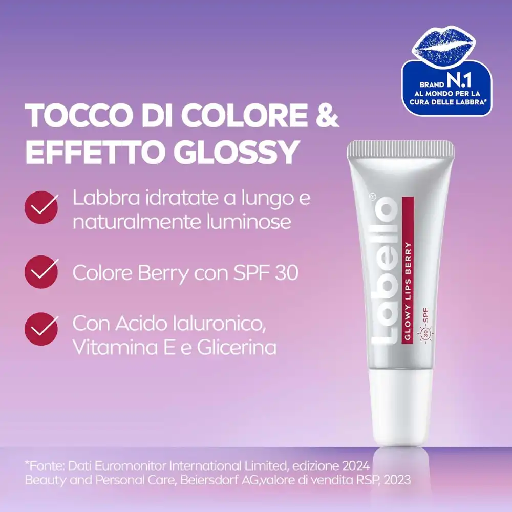 Labello Glowy Lips Berry 10ml Balsamo Labbra Colorato SPF30 con Acido Ialuronico