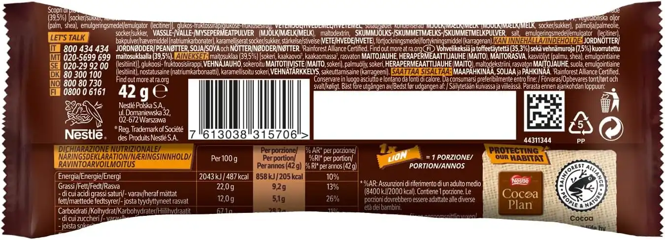 24x Nestlé Lion Bar 42g – Wafer con Caramello, Cereali e Cioccolato al Latte