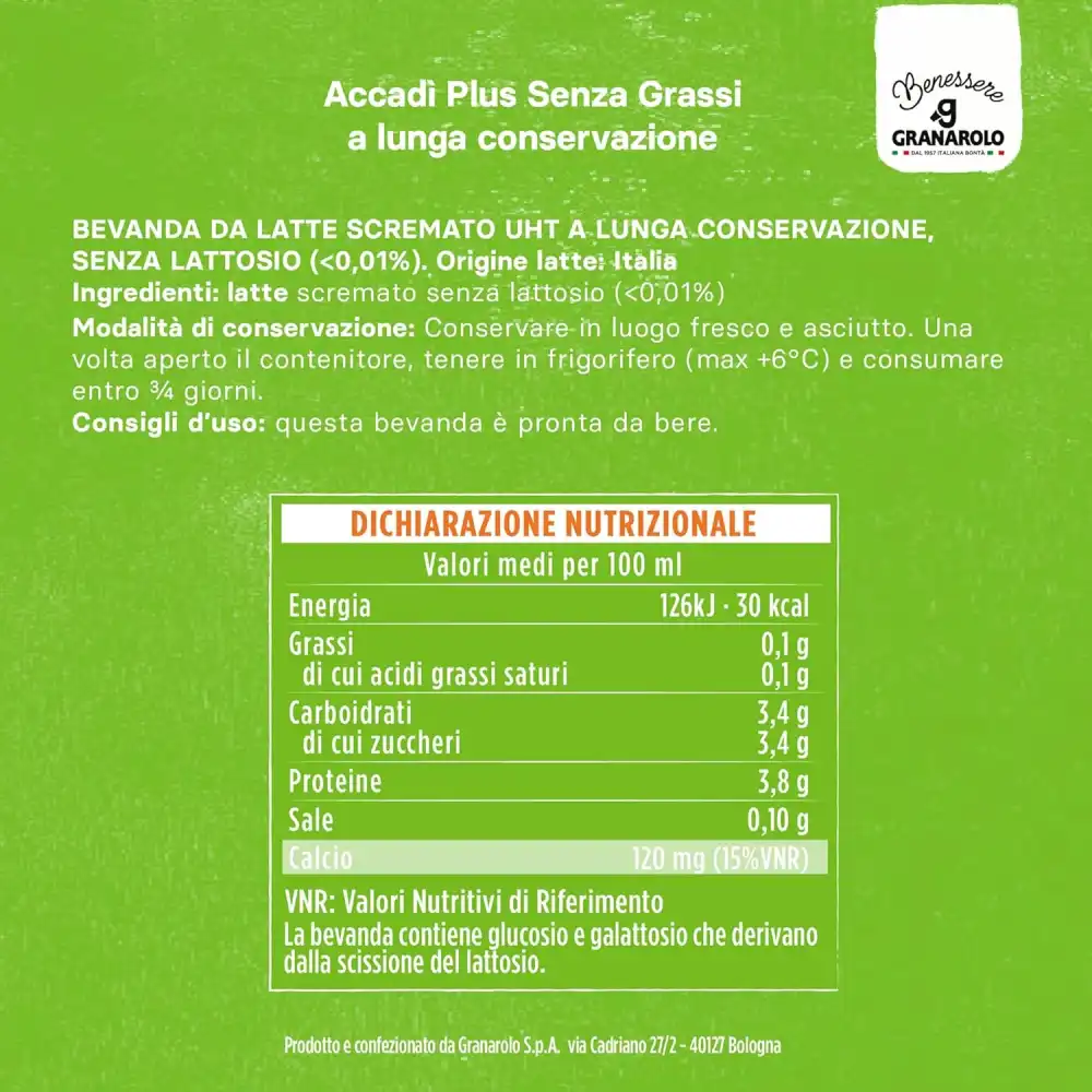 Granarolo Accadì Plus Latte Scremato Senza Lattosio 6x1L UHT Lunga Conservazione
