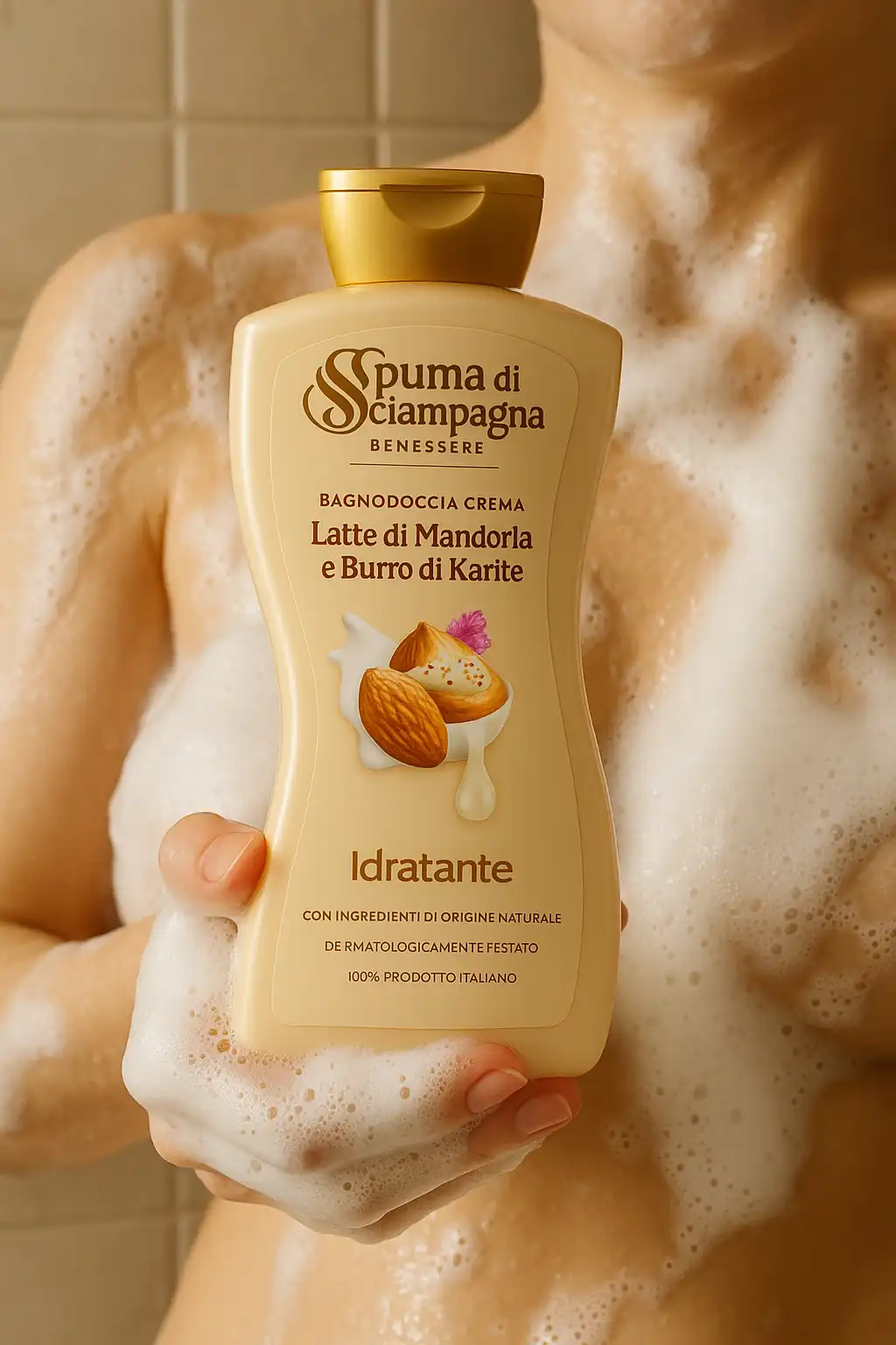 6x Bagnoschiuma Spuma di Sciampagna Latte di Mandorla 650ml Bagno Doccia Cremoso