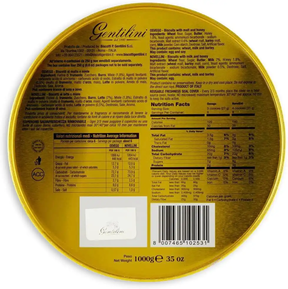 Gentilini Biscottiera Latta 125°Anniversario con Biscotti Novellini e Osvego 1kg