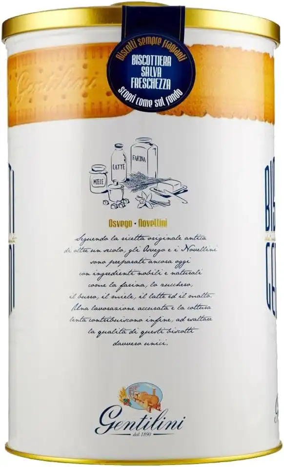 Gentilini Biscottiera Latta 125°Anniversario con Biscotti Novellini e Osvego 1kg