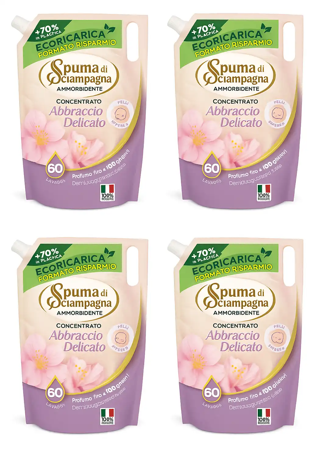 4x Spuma di Sciampagna Ammorbidente Concentrato Abbraccio Delicato 60 Lavaggi