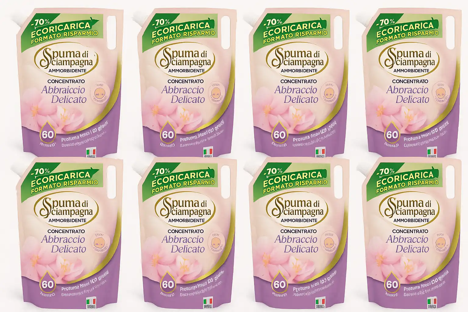 8x Spuma di Sciampagna Ammorbidente Concentrato Abbraccio Delicato 60 Lavaggi