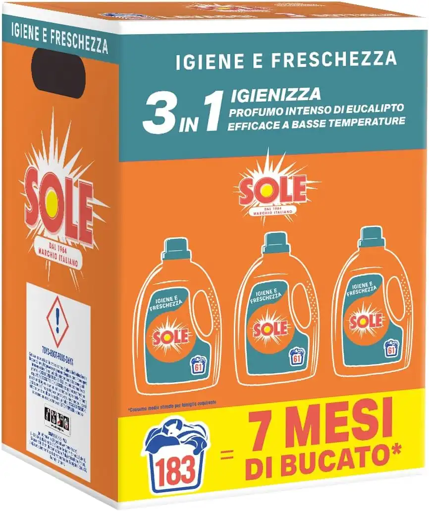 3x Sole Detersivo Lavatrice Igiene e Freschezza 183 Lavaggi Liquido Igienizzante