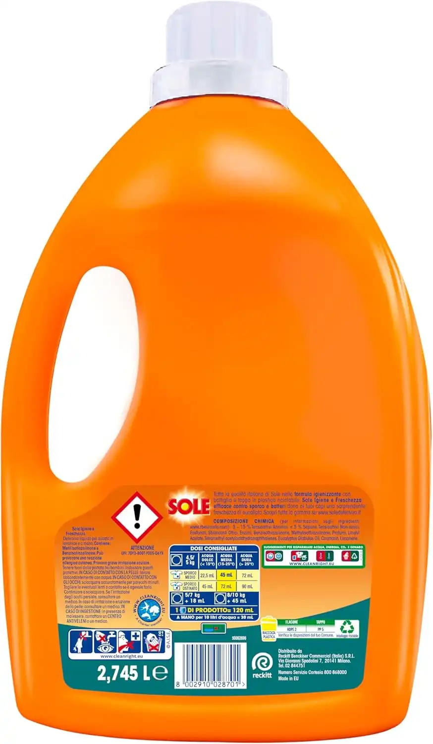 3x Sole Detersivo Lavatrice Igiene e Freschezza 183 Lavaggi Liquido Igienizzante