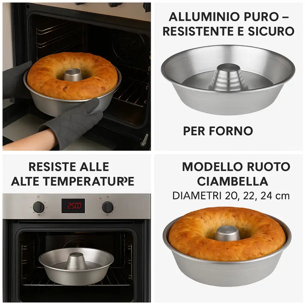 Set 3 Stampi Forno Alluminio 99,5% Ø20-22-24cm Ciambella Torte Casatiello