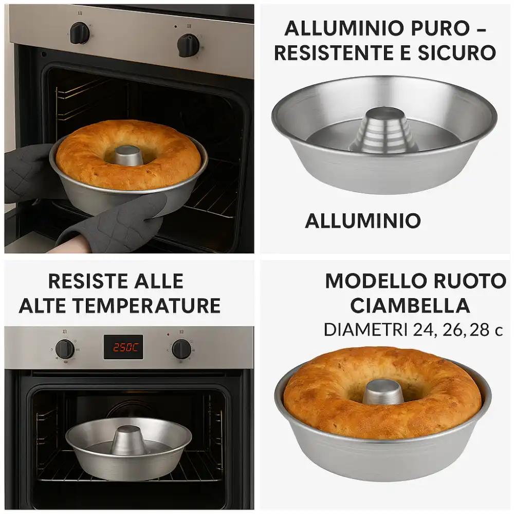 Set 3 Stampi Forno Alluminio 99,5% Ø24-26-28cm Ciambella Torte Casatiello