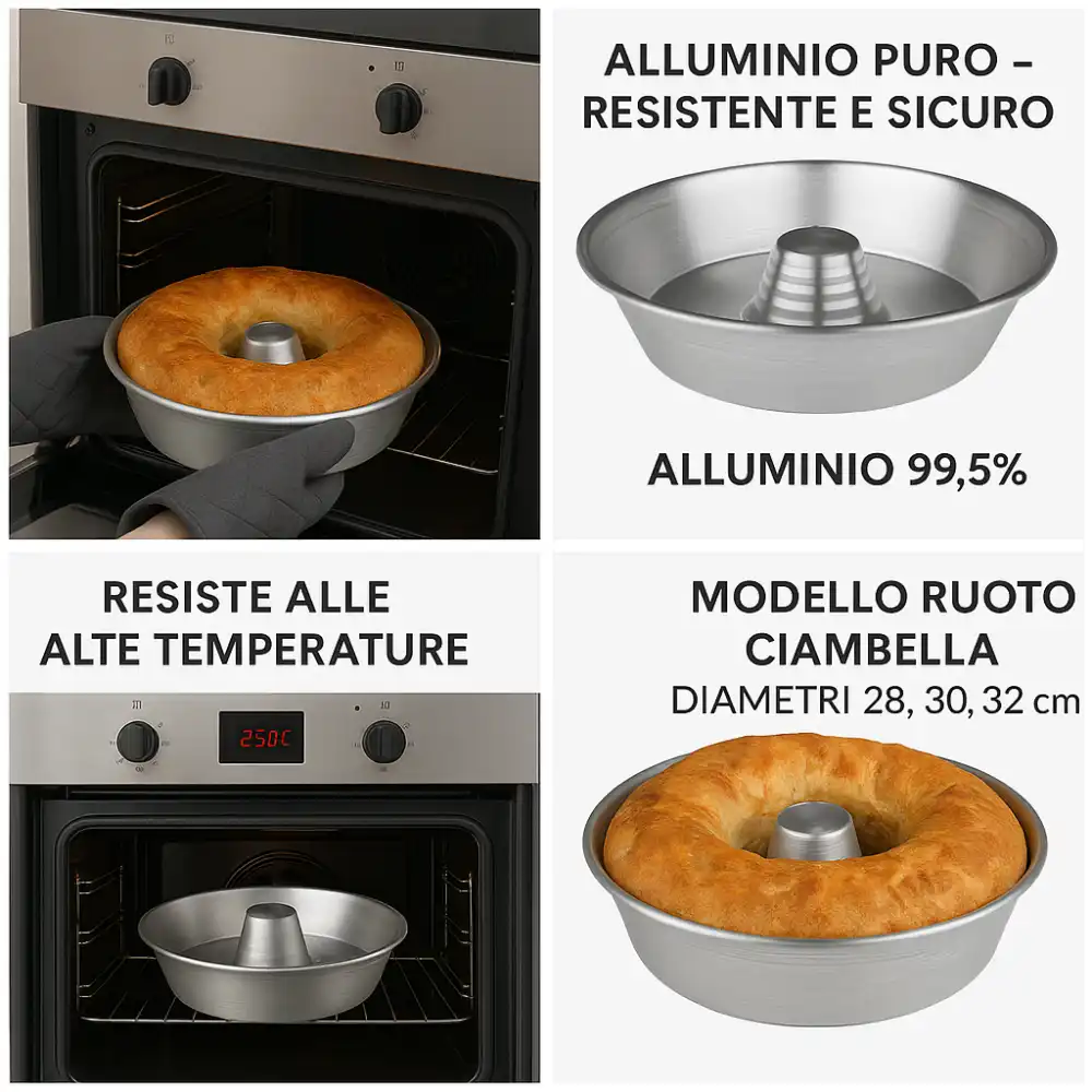 Set 3 Stampi Forno Alluminio 99,5% Ø28-30-32cm Ciambella Torte Casatiello