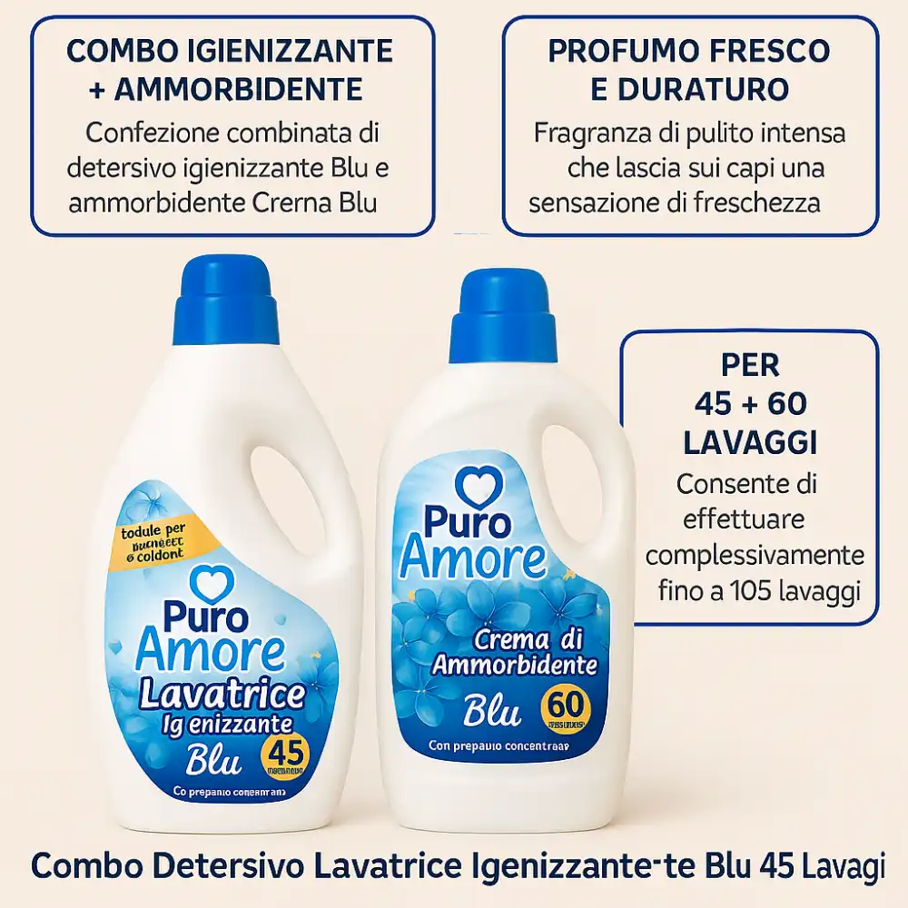 Combo Puro Amore Blu Detersivo Lavatrice 45 Lavaggi + Ammorbidente 60 Lavaggi