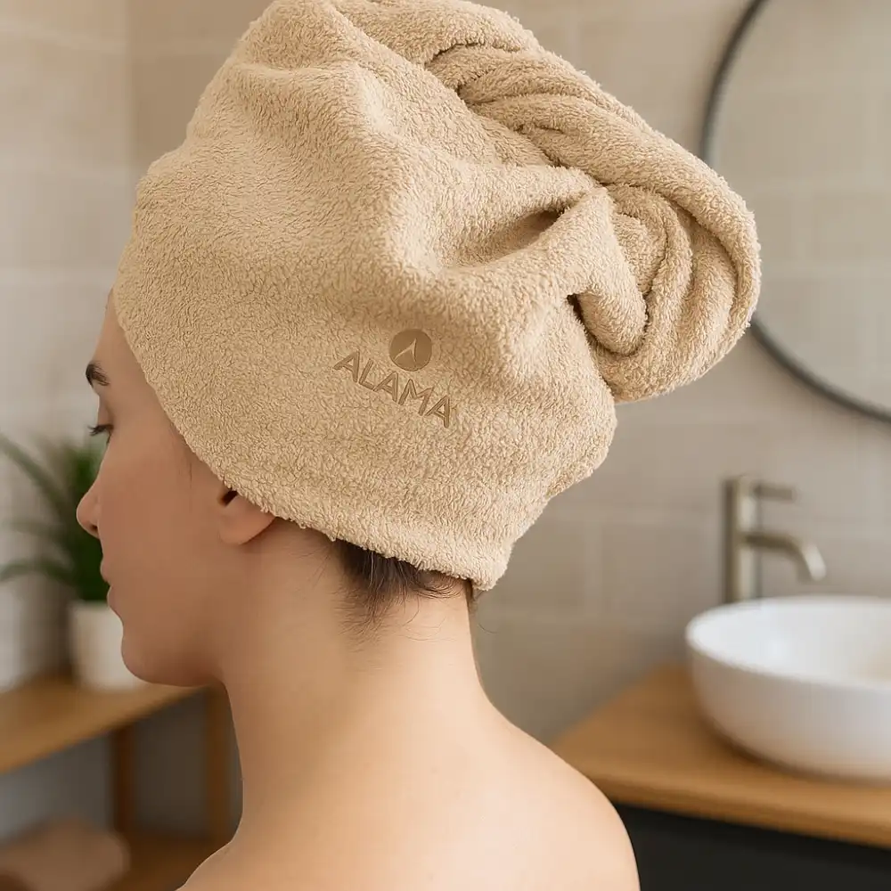 ALAMA Turbante Asciugamano in Cotone Beige- Asciugacapelli Rapido e Morbido