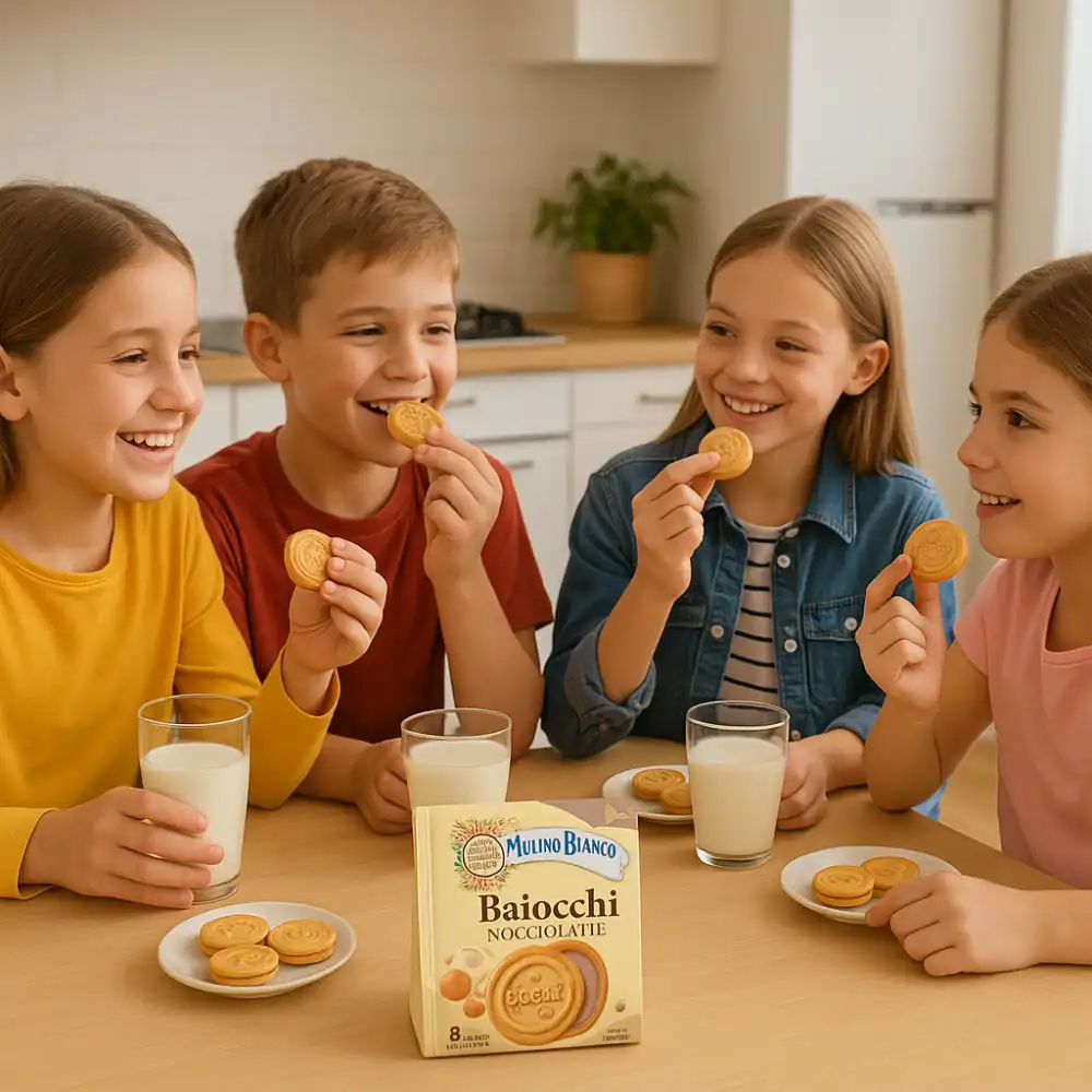 Scatola con 4 confezioni di Baiocchi Nocciolatte Mulino Bianco pronti da gustare