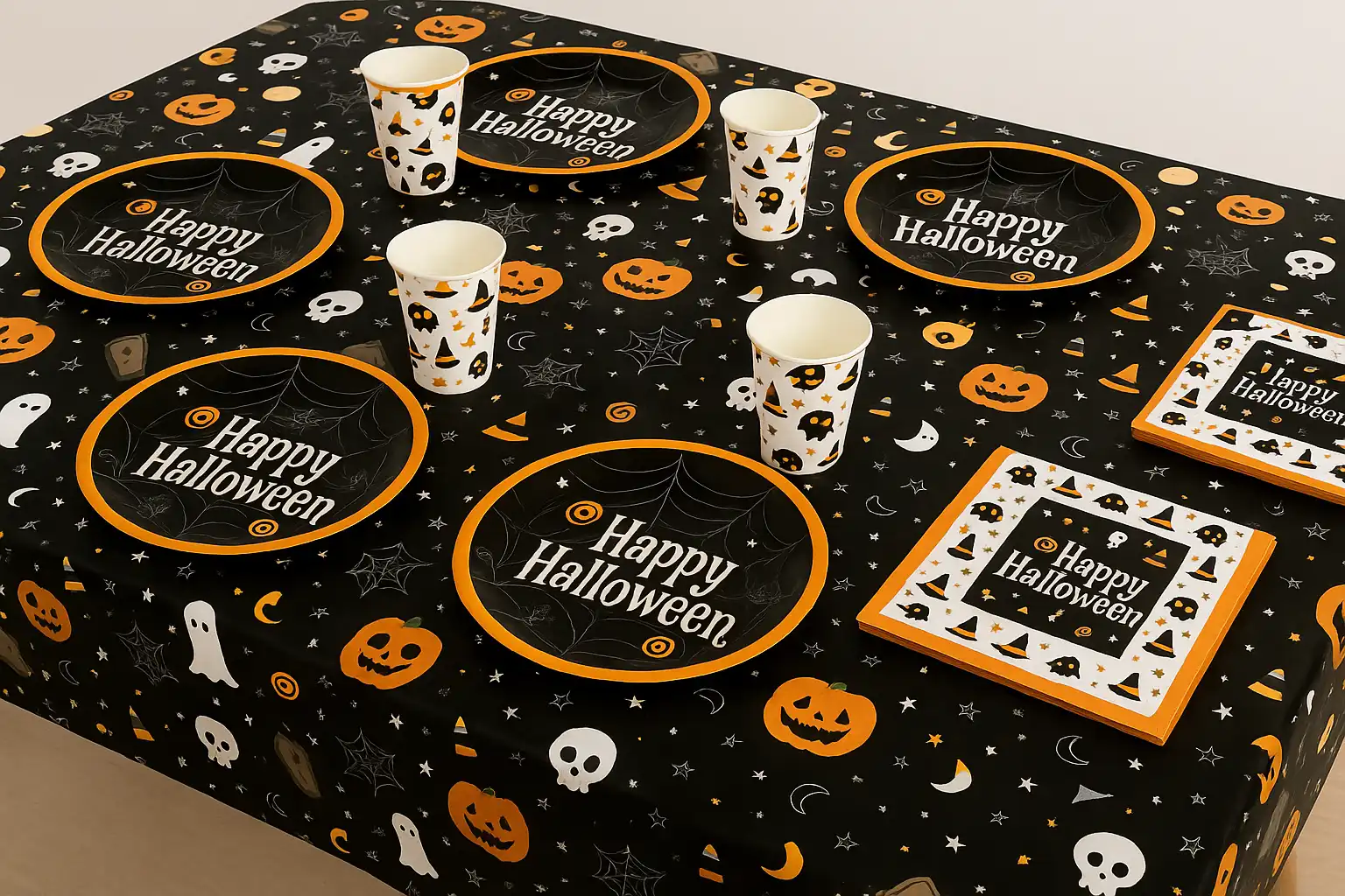 Set Tavola Completo Halloween Party con Tovaglia Piatti Bicchieri e Tovaglioli