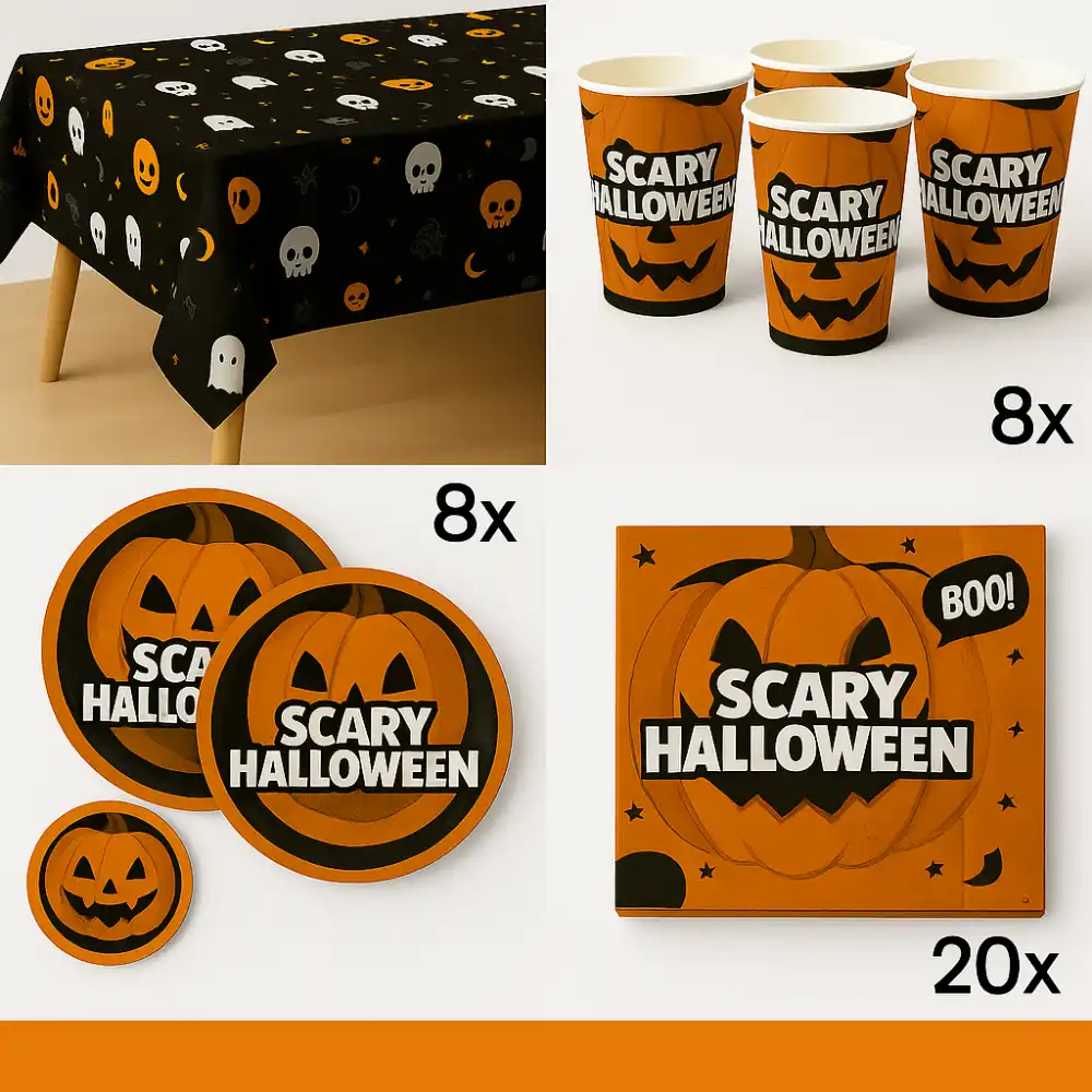 1 Tovaglia in Plastica 140 x 270 cm Scary Halloween 75897 + 8 Bicchieri 250 cc Scary Halloween 75881 + 8 Piatti Ø 18 cm Scary Halloween 75880 + 20 Tovaglioli 33 x 33 cm Scary Halloween 75882