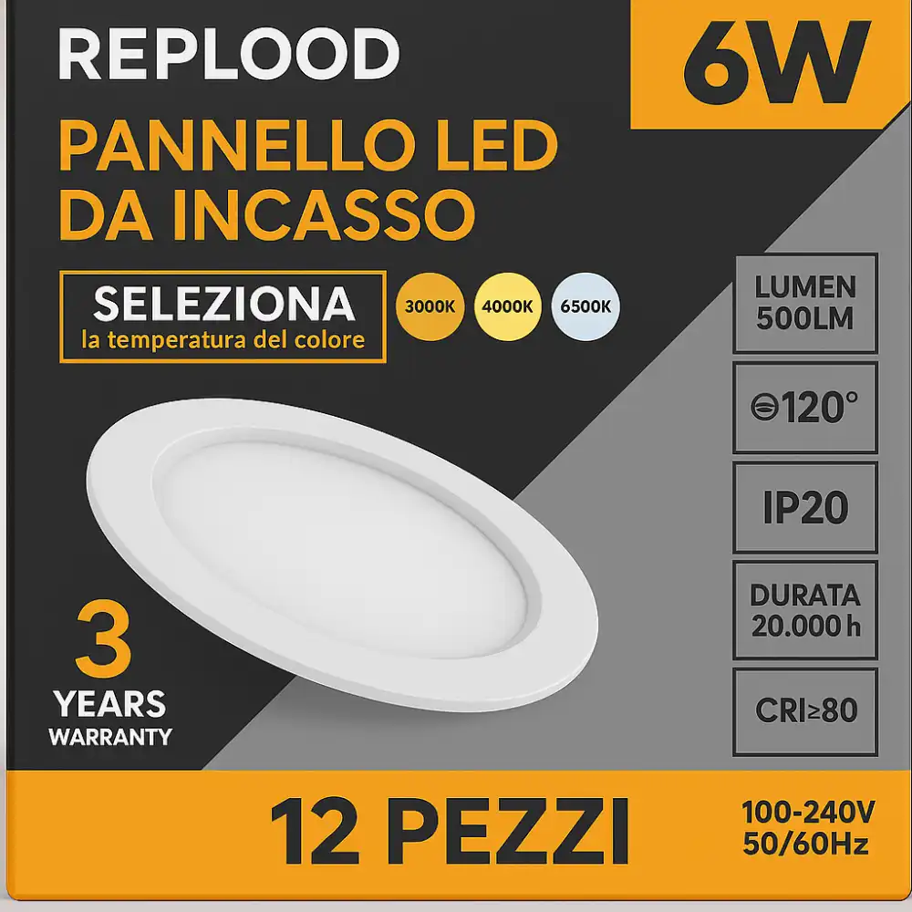 12x Faretti LED Incasso 6W 500LM Ø75mm IP20 Selezionabili in 3 Tonalità Di Luci