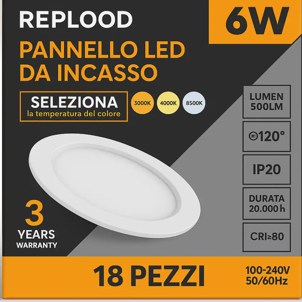 18x Faretti LED Incasso 6W 500LM Ø75mm IP20 Selezionabili in 3 Tonalità Di Luci