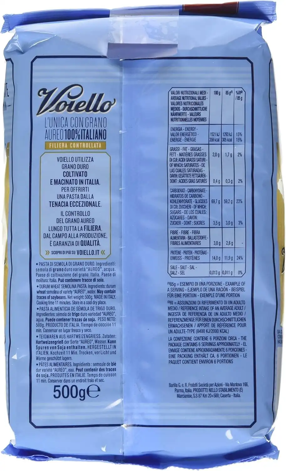 18x Voiello Penne Rigate 500g Pasta Trafilata al Bronzo con Grano Aureo Italiano