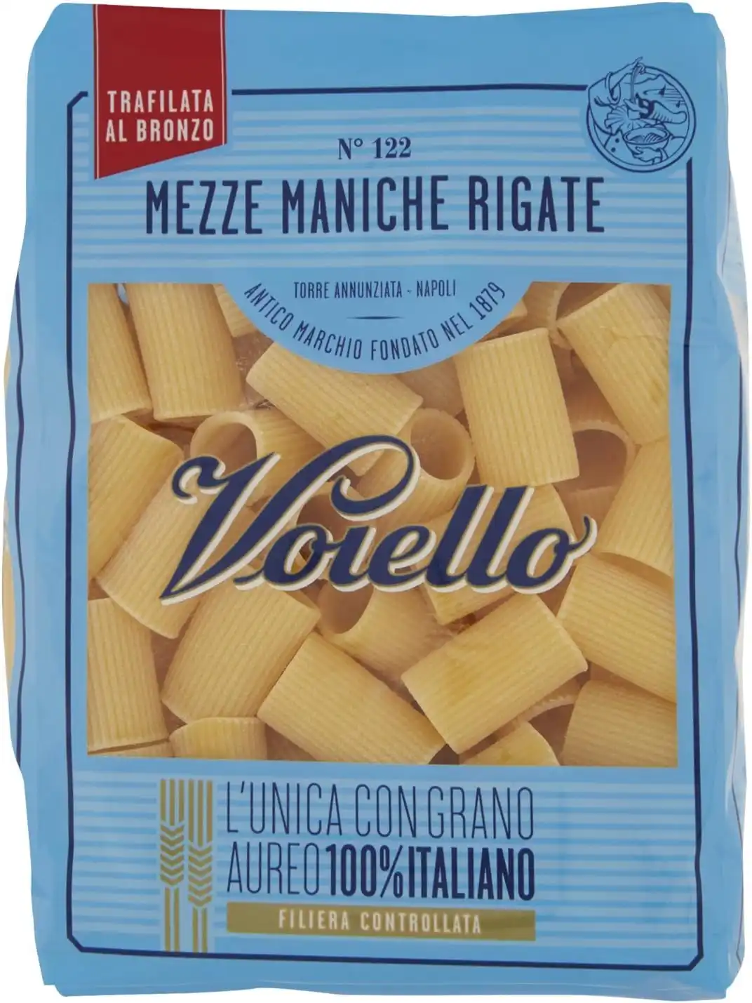8x Voiello Mezze Maniche Rigate 500g – Pasta Trafilata al Bronzo Grano Aureo
