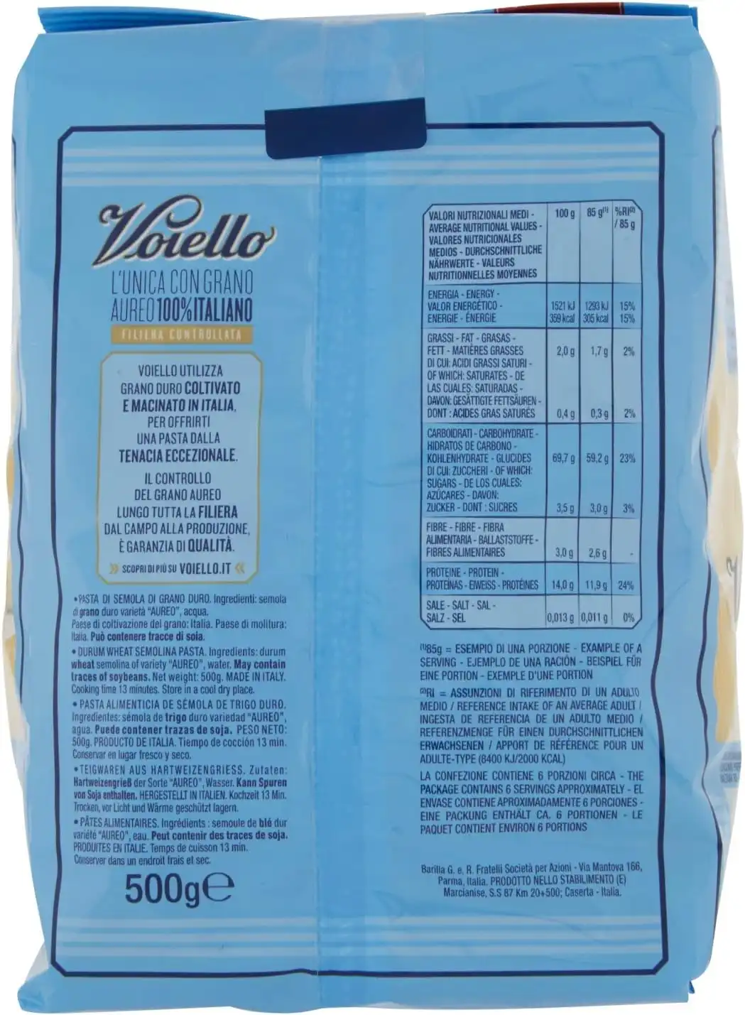 8x Voiello Mezze Maniche Rigate 500g – Pasta Trafilata al Bronzo Grano Aureo