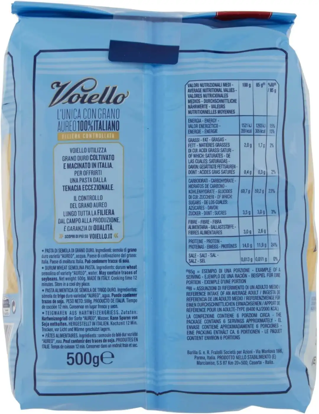 8x Voiello Tortiglioni 500g – Pasta Trafilata al Bronzo con Grano Aureo Italiano