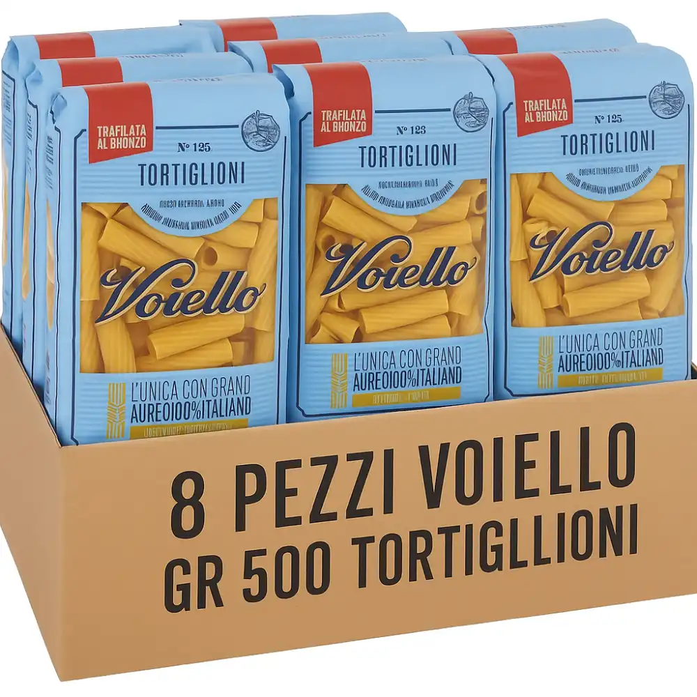 8x Voiello Tortiglioni 500g – Pasta Trafilata al Bronzo con Grano Aureo Italiano