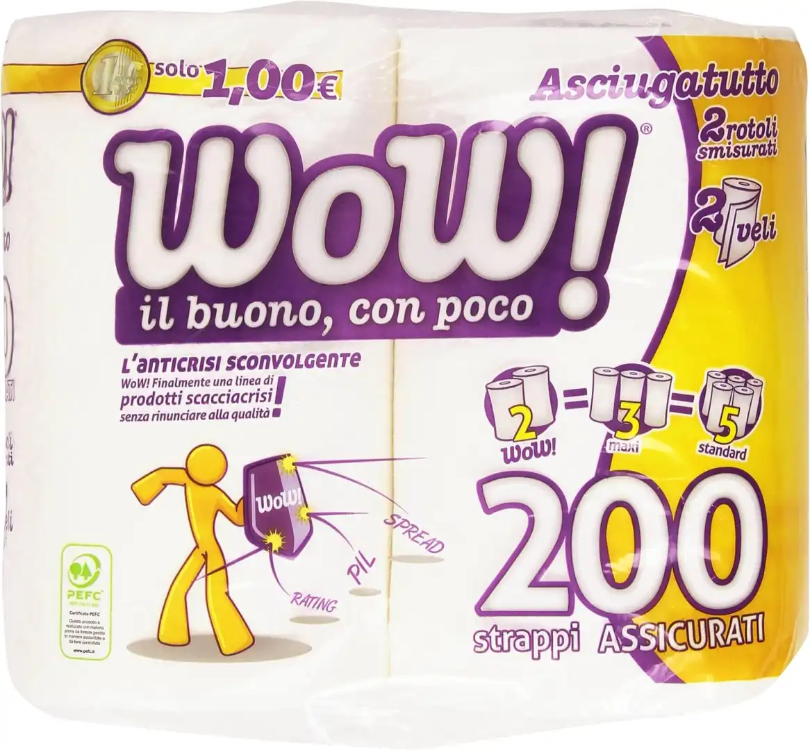 Wow! Asciugatutto 2 Rotoli Maxi 200 Strappi 2 Veli Carta Assorbente Cucina