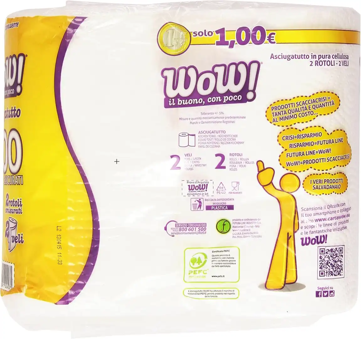 Wow! Asciugatutto 2 Rotoli Maxi 200 Strappi 2 Veli Carta Assorbente Cucina