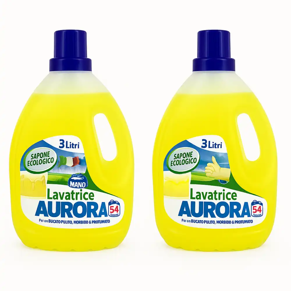 2 x Detersivo Lavatrice Aurora 3L Sapone Ecologico Liquido Profumato 54 Lavaggi