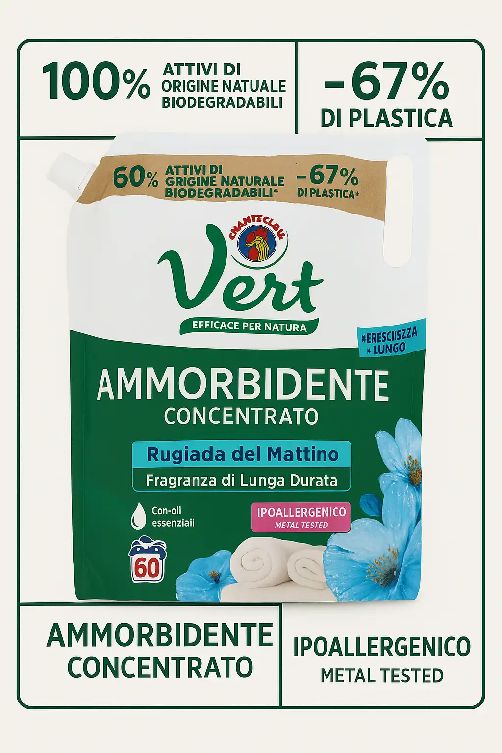 CHANTECLAIR Vert Ammorbidente Concentrato 60 Lavaggi Eco – Rugiada del Mattino