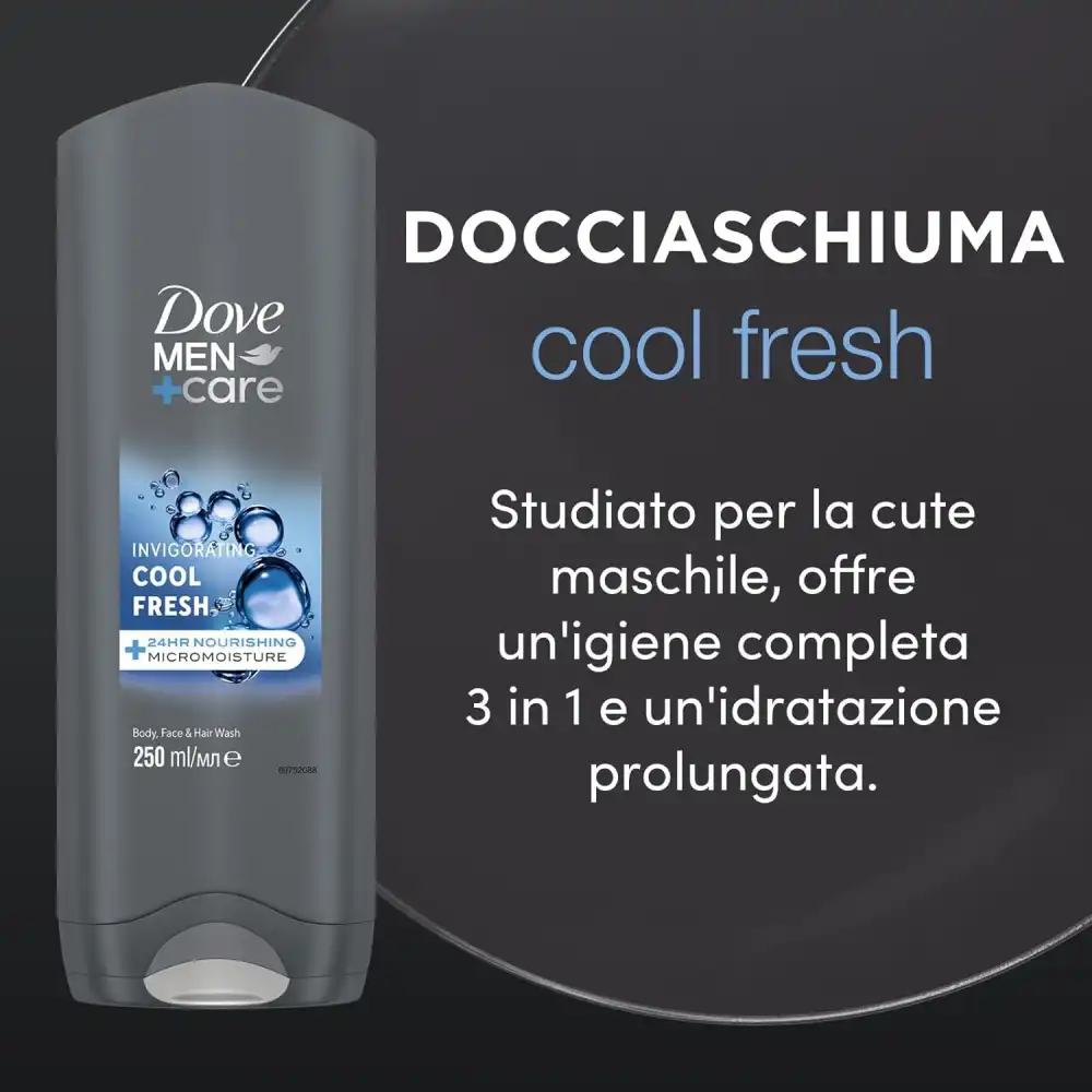 6x Dove Men+Care Cool Fresh Doccia Uomo 3in1 Corpo Viso Capelli 250ml