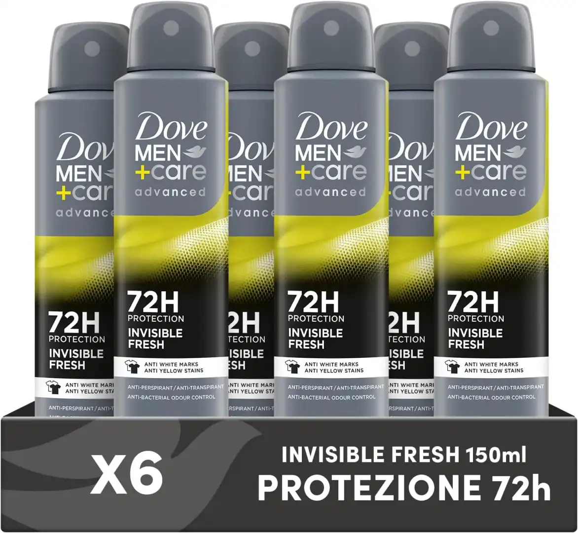 6X Dove Men+Care Invisible Fresh Deodorante Spray Uomo 150ml Anti-Macchia 72h