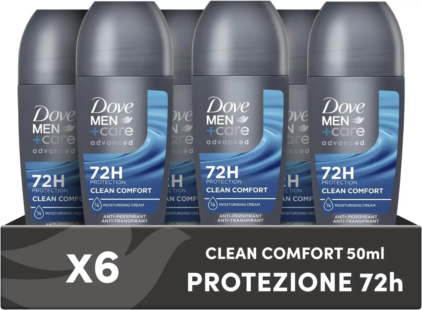 6 x Dove Men+Care Deodorante Roll On Uomo 72H 50ml Advanced Care Clean Comfort