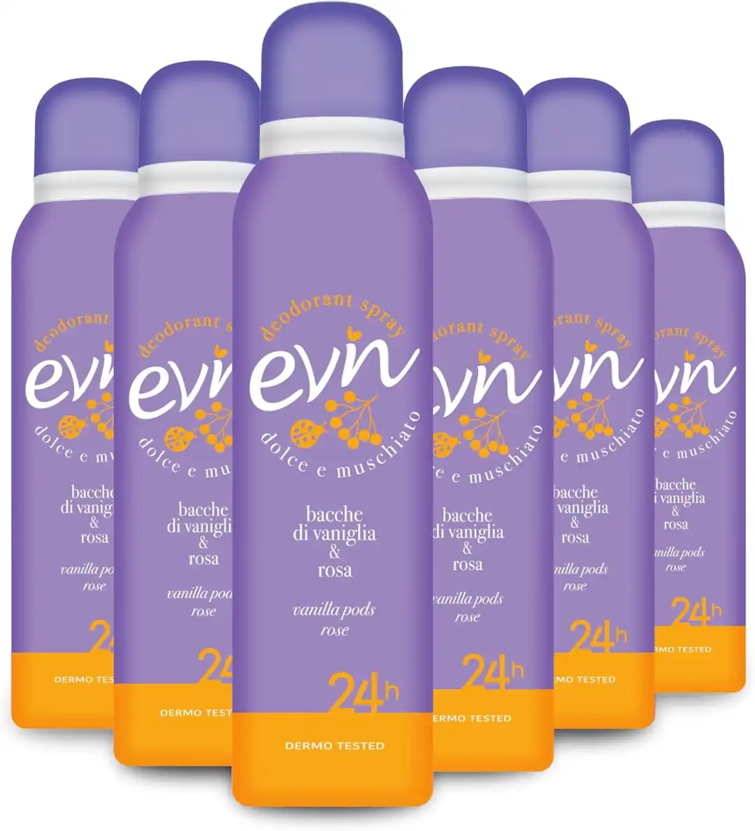 6 x Evin Deodorante Donna Spray 24H 150ml Bacche di Vaniglia e Rosa