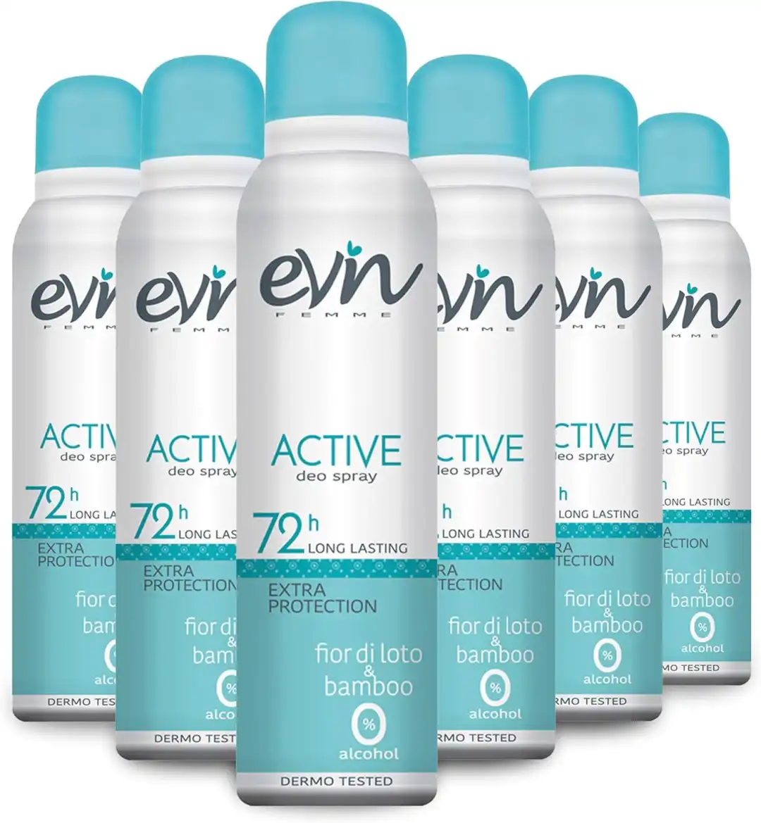 6 x Evin Femme Deodorante Donna Spray 72H Active 150ml Fiore di Loto Bamboo