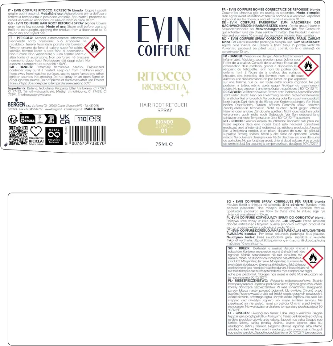 EVIN COIFFURE Spray Ritocco Ricrescita Capelli 01 Biondo 75ml Correttore
