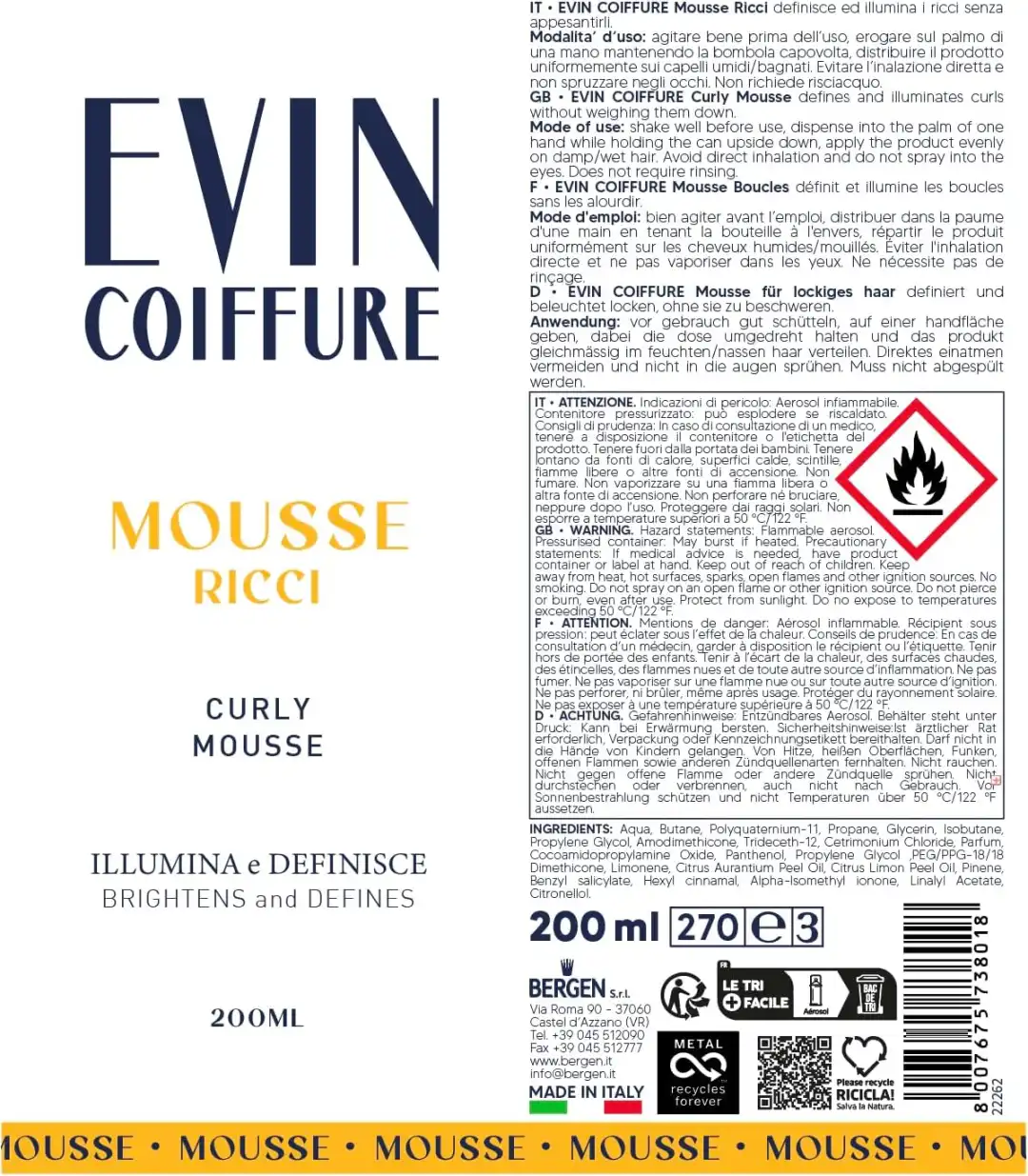 6x EVIN COIFFURE Mousse Capelli Ricci 200ml Modellante Leggera Styling
