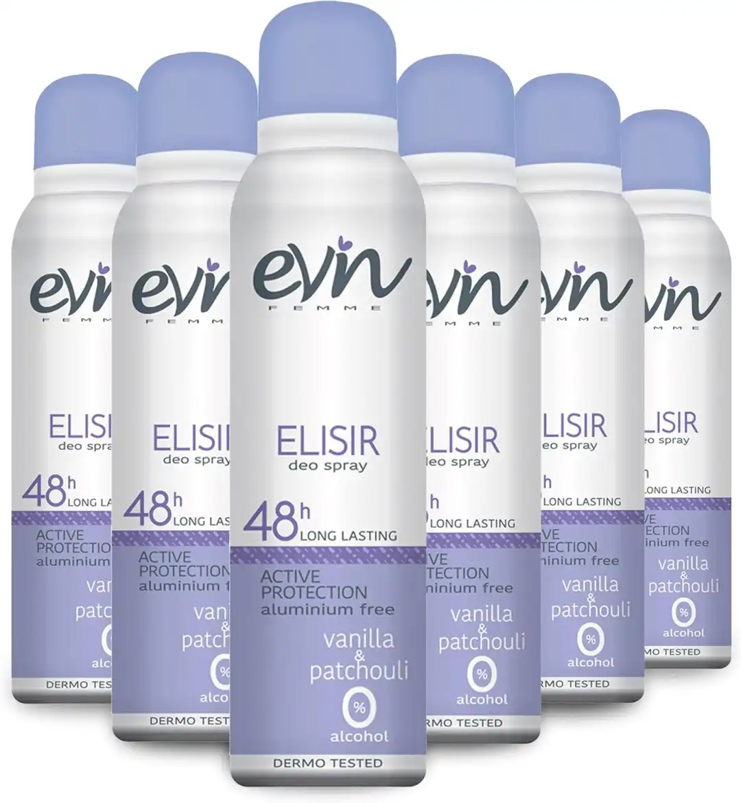 6x EVIN FEMME Deodorante Donna Spray 150ml 48H Elisir Vanilla Patchouli