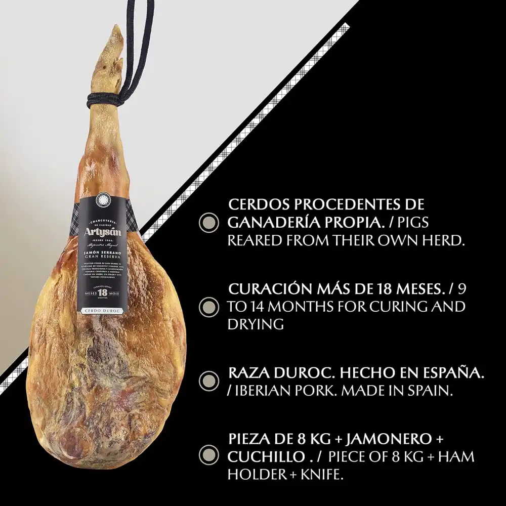 Prosciutto Serrano Gran Reserva 8kg con Supporto e Coltello Stagionatura 18 Mesi