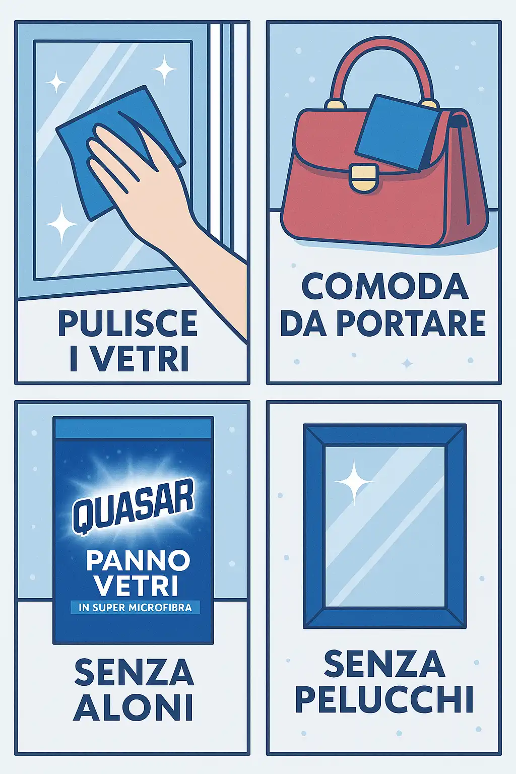 6 Pezzi Quasar Panno Vetri Super Microfibra per Cristalli Senza Aloni e Pelucchi